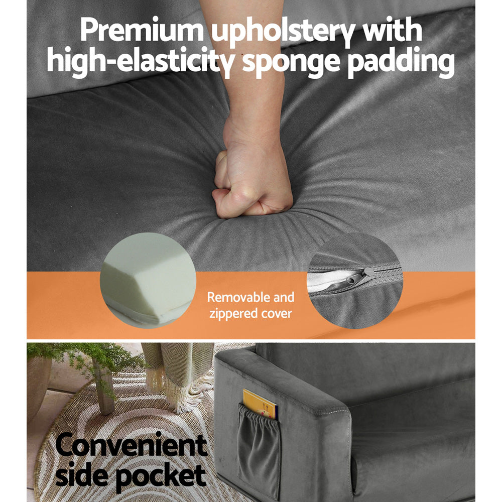 Kids Sofa 2 Seater Children Flip Open Couch Velvet Armchair Grey