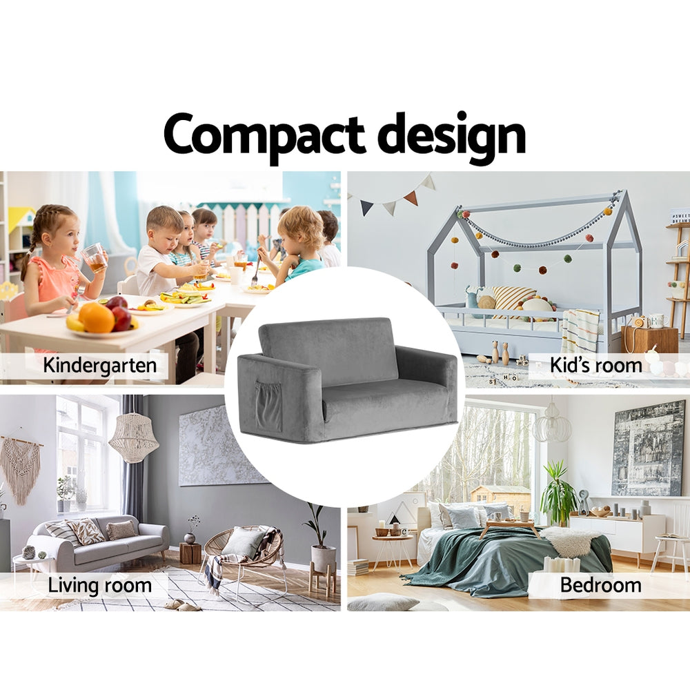 Kids Sofa 2 Seater Children Flip Open Couch Velvet Armchair Grey