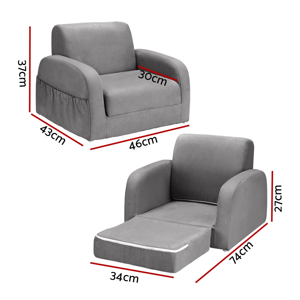 Kids Sofa 1 Seater Children Flip Open Couch Lounger Armchair Soft Grey