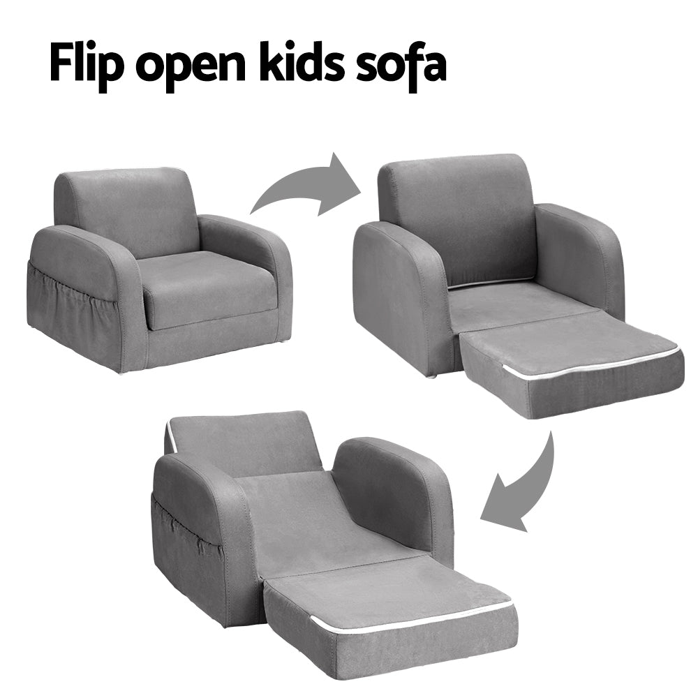 Kids Sofa 1 Seater Children Flip Open Couch Lounger Armchair Soft Grey