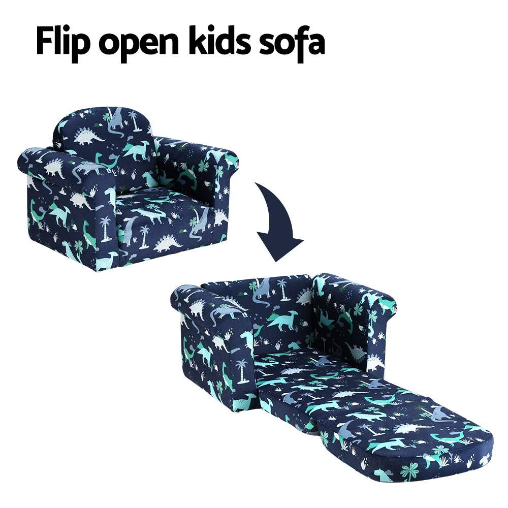 Kids Sofa 1 Seater Children Flip Open Couch Lounger Armchair Dinosaur Navy