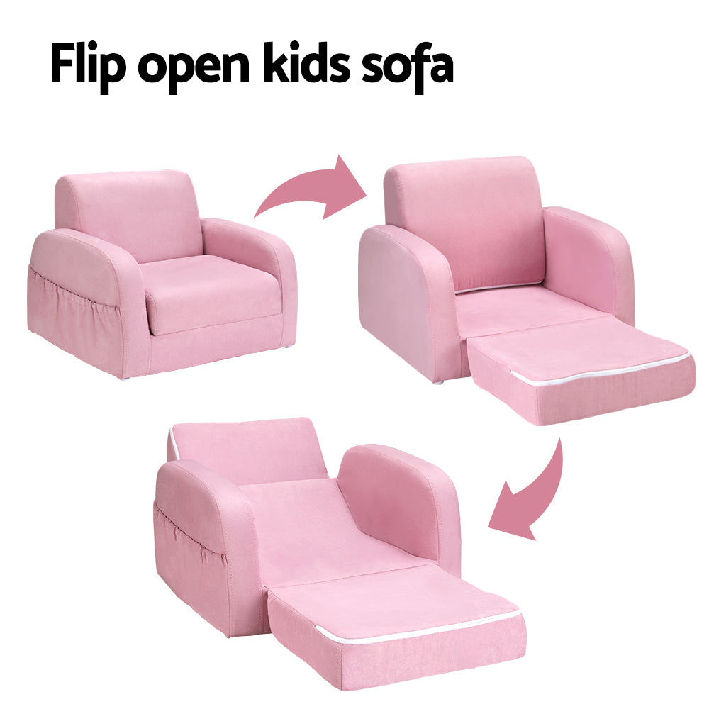 Kids Sofa 1 Seater Children Flip Open Couch Lounger Armchair Soft Pink