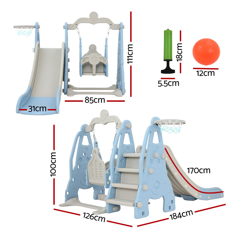 Kids Slide Swing Set Basketball Hoop Outdoor Playground Toys 170cm Blue