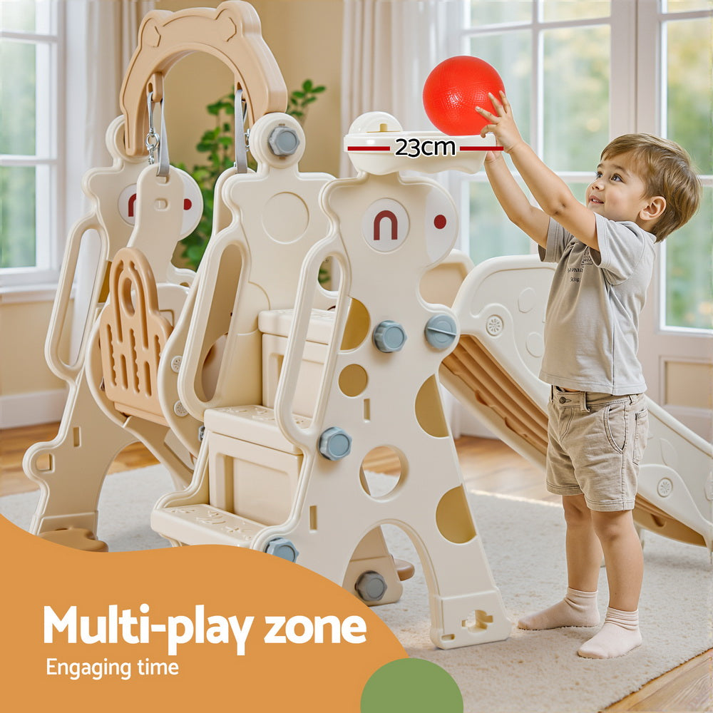 Kids Slide Swing Set Basketball Hoop Outdoor Playground Toys 160cm Beige