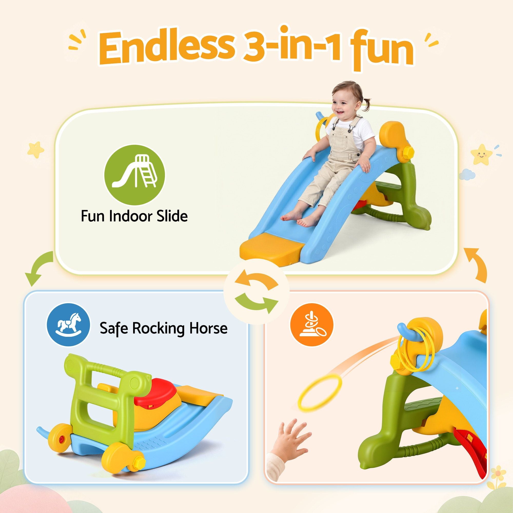 Keezi Kids Slide Set Toddler Indoor Playset Rocking Horse Ring Toss Multi Colour