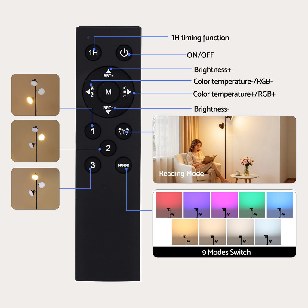 Artiss RGB Floor Lamp LED with 3 Swivel Lights Color Changing Lamp with Remote Stepless Dimmable