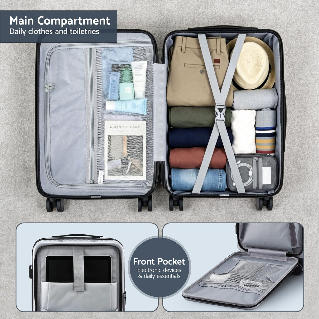 Wanderlite 20" Luggage Suitcase Front Pocket Travel Carry On Dual TSA Silver