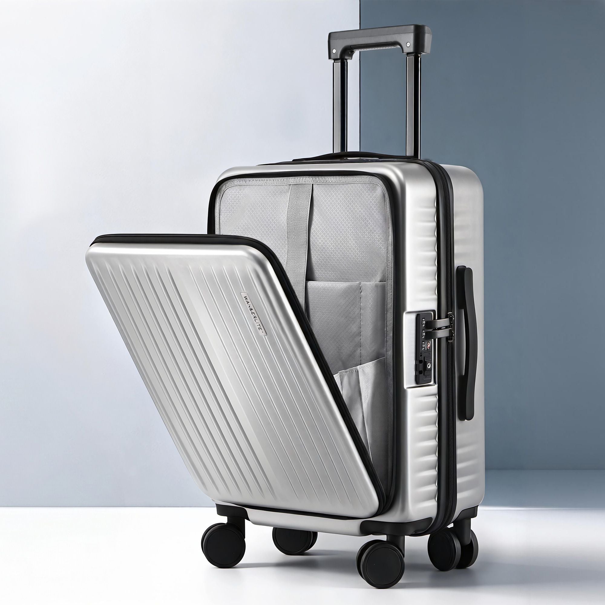 Wanderlite 20" Luggage Suitcase Front Pocket Travel Carry On Dual TSA Silver