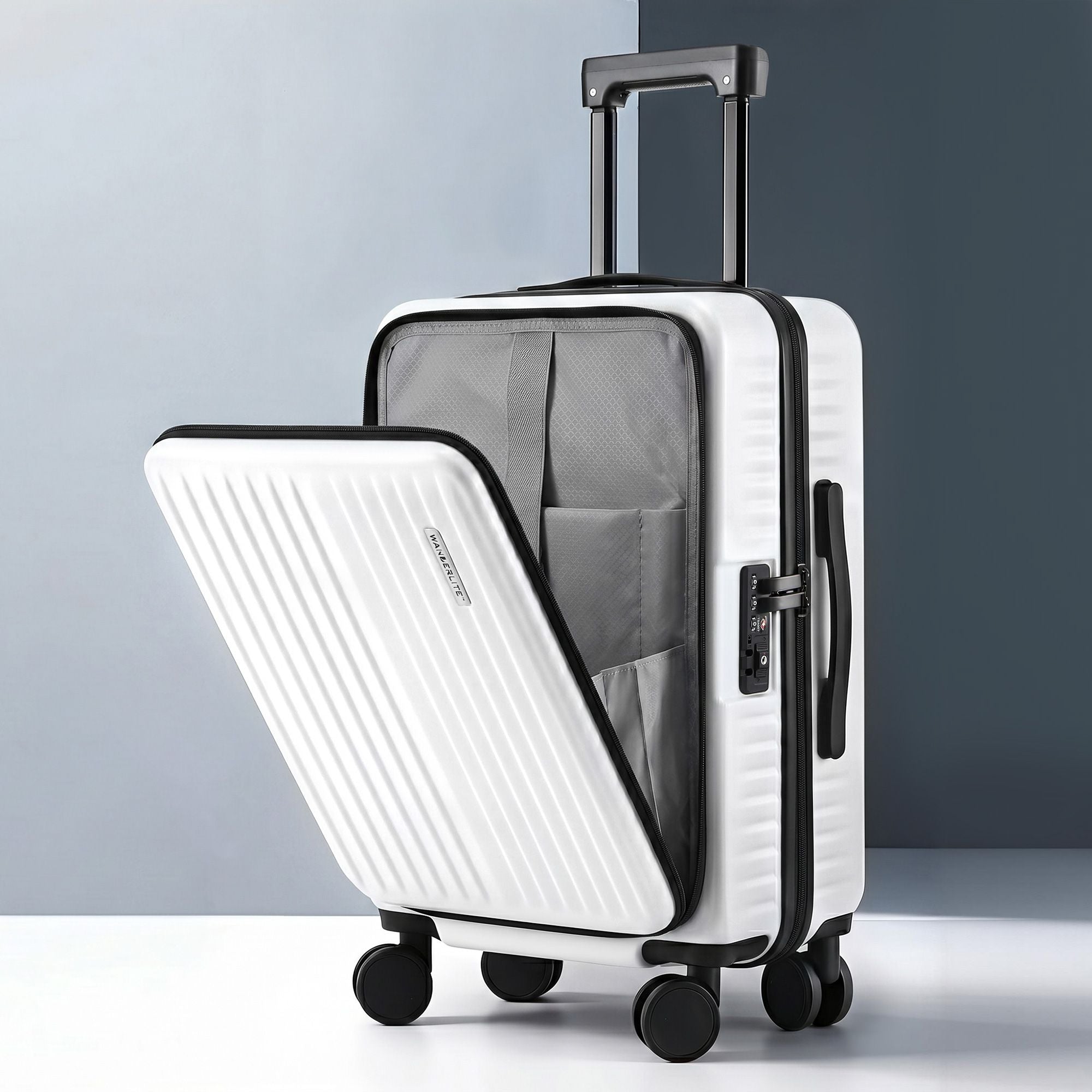 Wanderlite 20" Luggage Suitcase Front Pocket Travel Carry On Dual TSA White