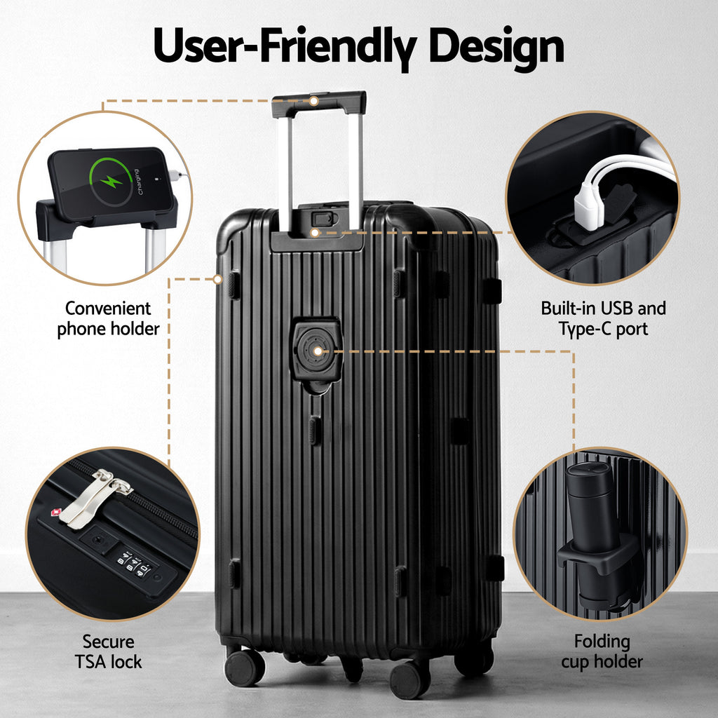 Wanderlite 28" Trunk Luggage Suitcase Travel 5 Wheels Type-C Port TSA Black