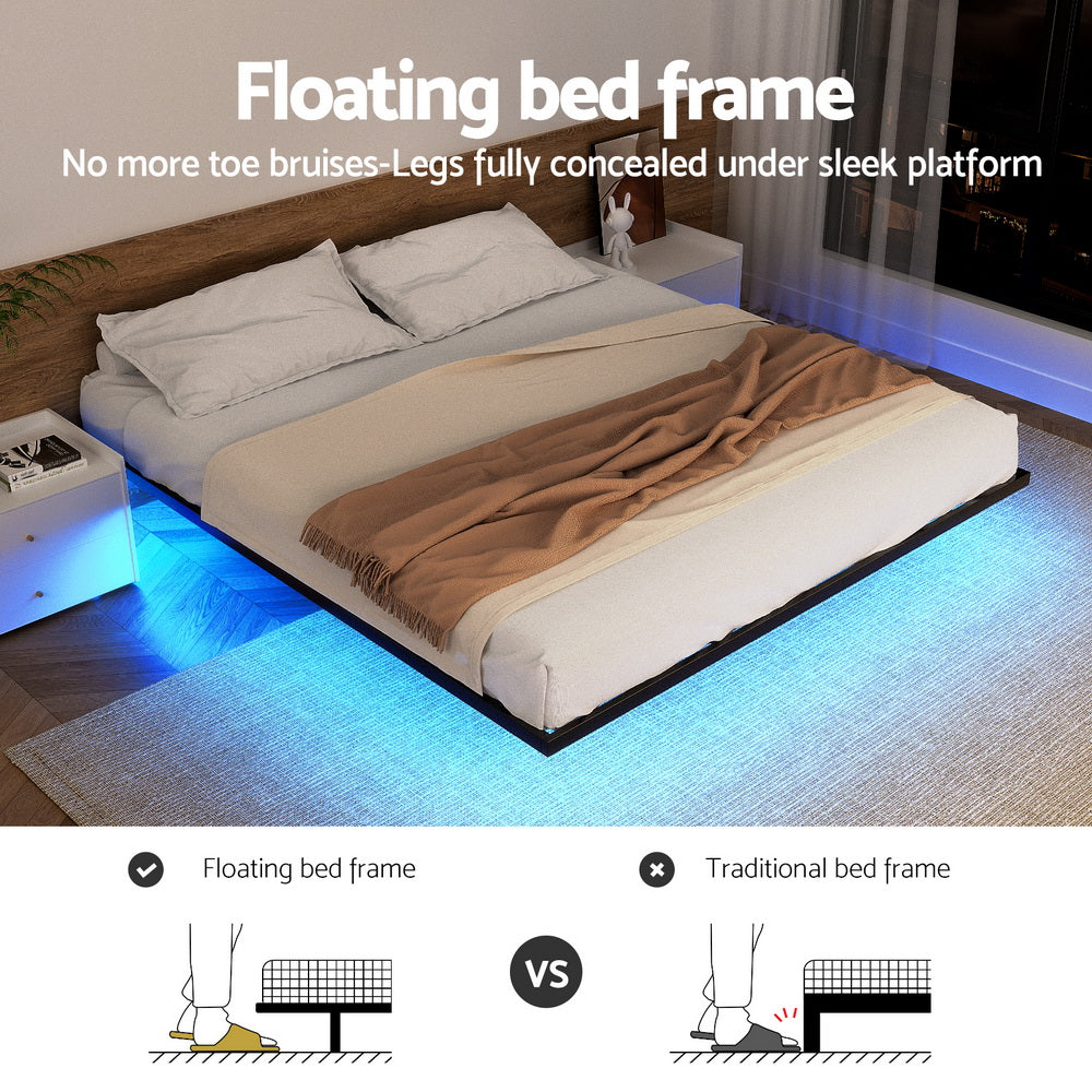 Double Bed Frame,Floating Metal Bed Frame with Smart LED Lights - Sturdy Metal Platform Bed Base, Silent Design, Tool-Free Assembly, 300KG Capacity for Home/Hotel/Master Bedroom閳