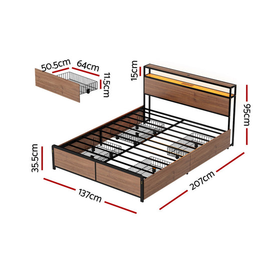 Metal Bed Frame Double Size with 2-Tier Storage Headboard Metal Platform with 4 Storage Drawers Built in Charging Station & LED Noise-Free/Metal Support/No Box Spring Needed Vintage Brown