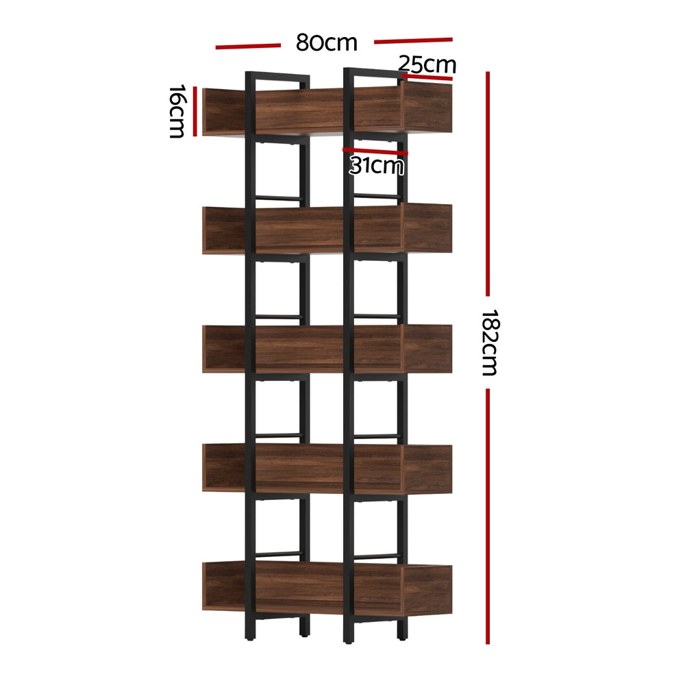 Bookshelf 5-Tier Bookcase Display Shelves Metal Storage Stand Rack Walnut
