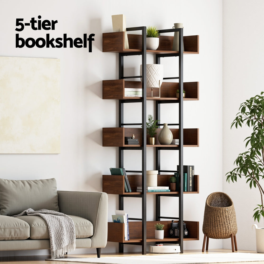 Bookshelf 5-Tier Bookcase Display Shelves Metal Storage Stand Rack Walnut