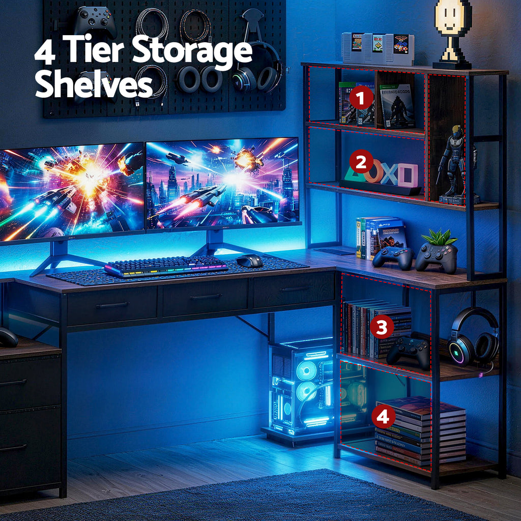 Artiss 200cm L Shaped Gaming Desk Computer Desk with LED Lights & Power Outlets
