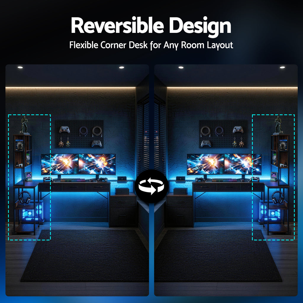 Artiss 200cm L Shaped Gaming Desk Computer Desk with LED Lights & Power Outlets