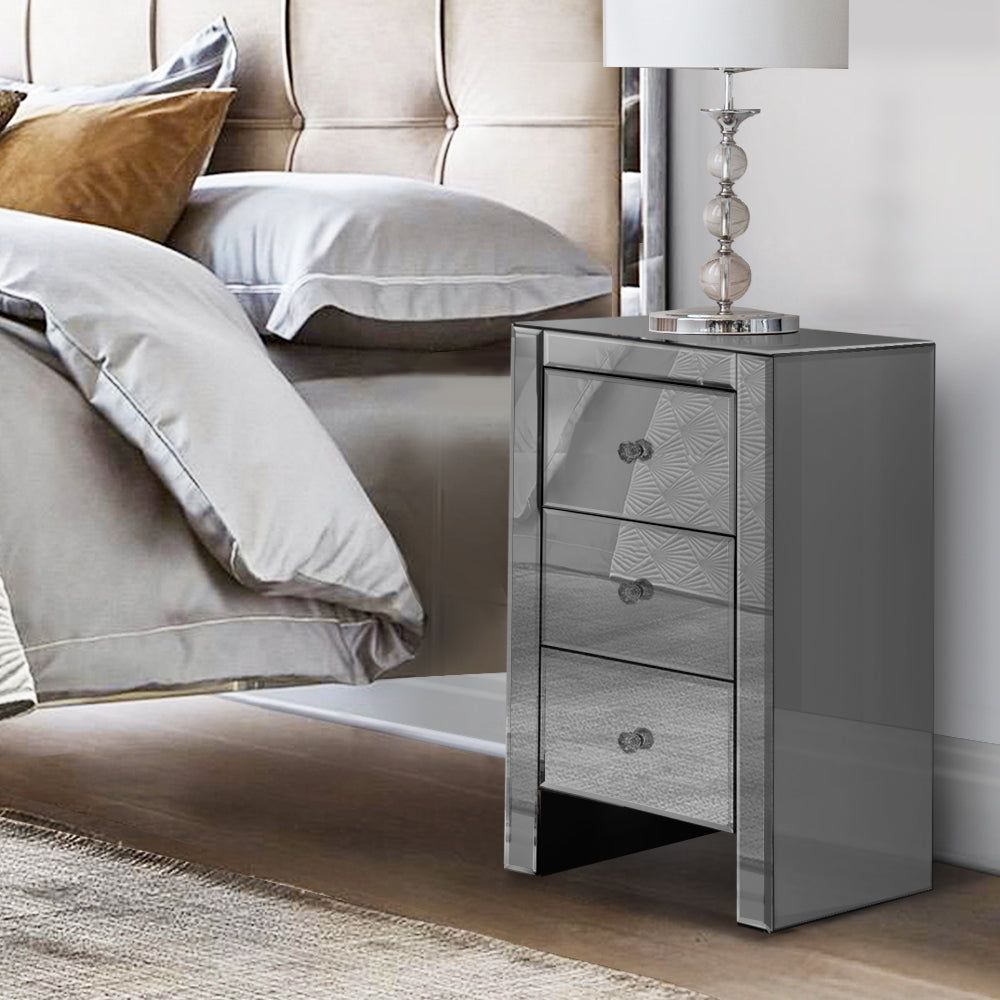Bedside Table 3 Drawers Mirrored Glass - QUENN Grey