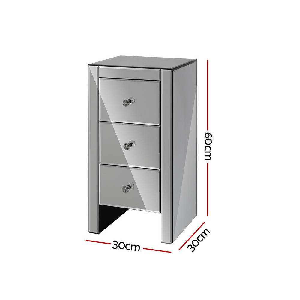 Bedside Table 3 Drawers Mirrored Glass - QUENN Grey