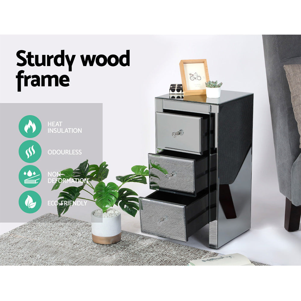 Bedside Table 3 Drawers Mirrored Glass - QUENN Grey