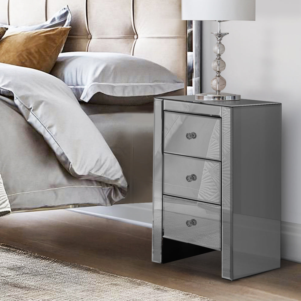 Bedside Table 3 Drawers Mirrored Glass - QUENN Grey