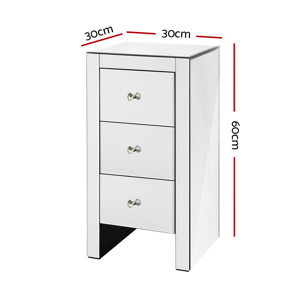 Bedside Table 3 Drawers Mirrored - QUENN Silver