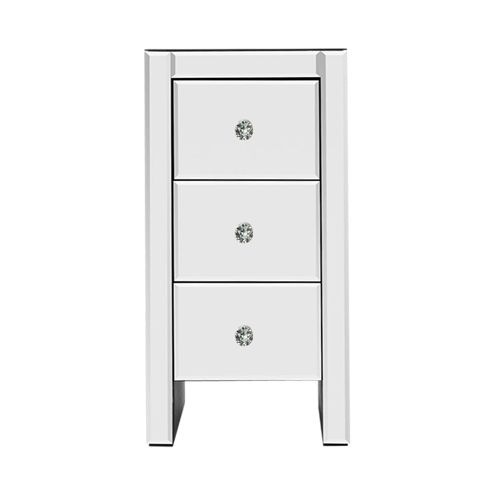 Bedside Table 3 Drawers Mirrored - QUENN Silver