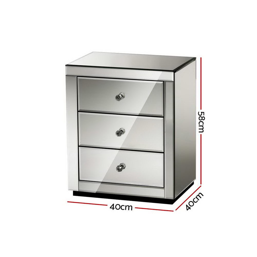 Bedside Table 3 Drawers Mirrored - PRESIA Grey