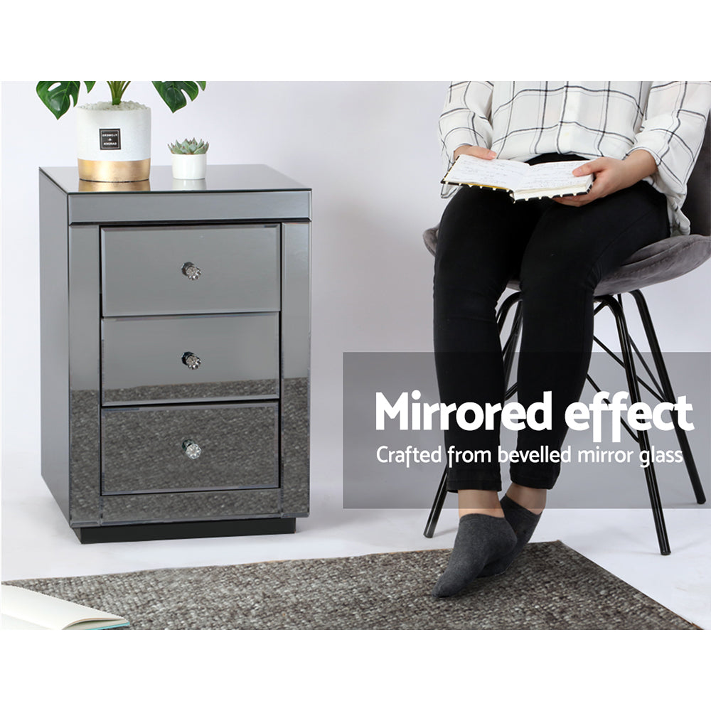 Bedside Table 3 Drawers Mirrored - PRESIA Grey