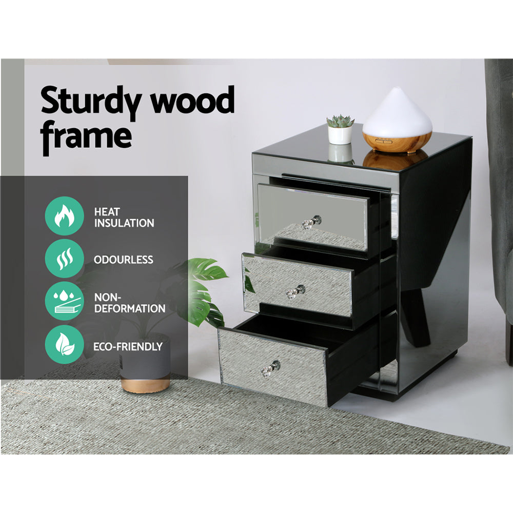 Bedside Table 3 Drawers Mirrored - PRESIA Grey