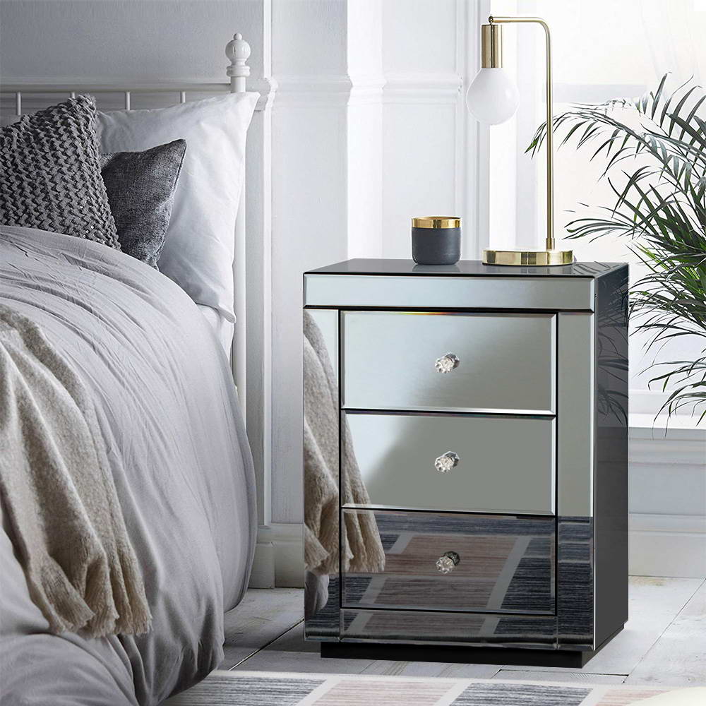 Bedside Table 3 Drawers Mirrored - PRESIA Grey