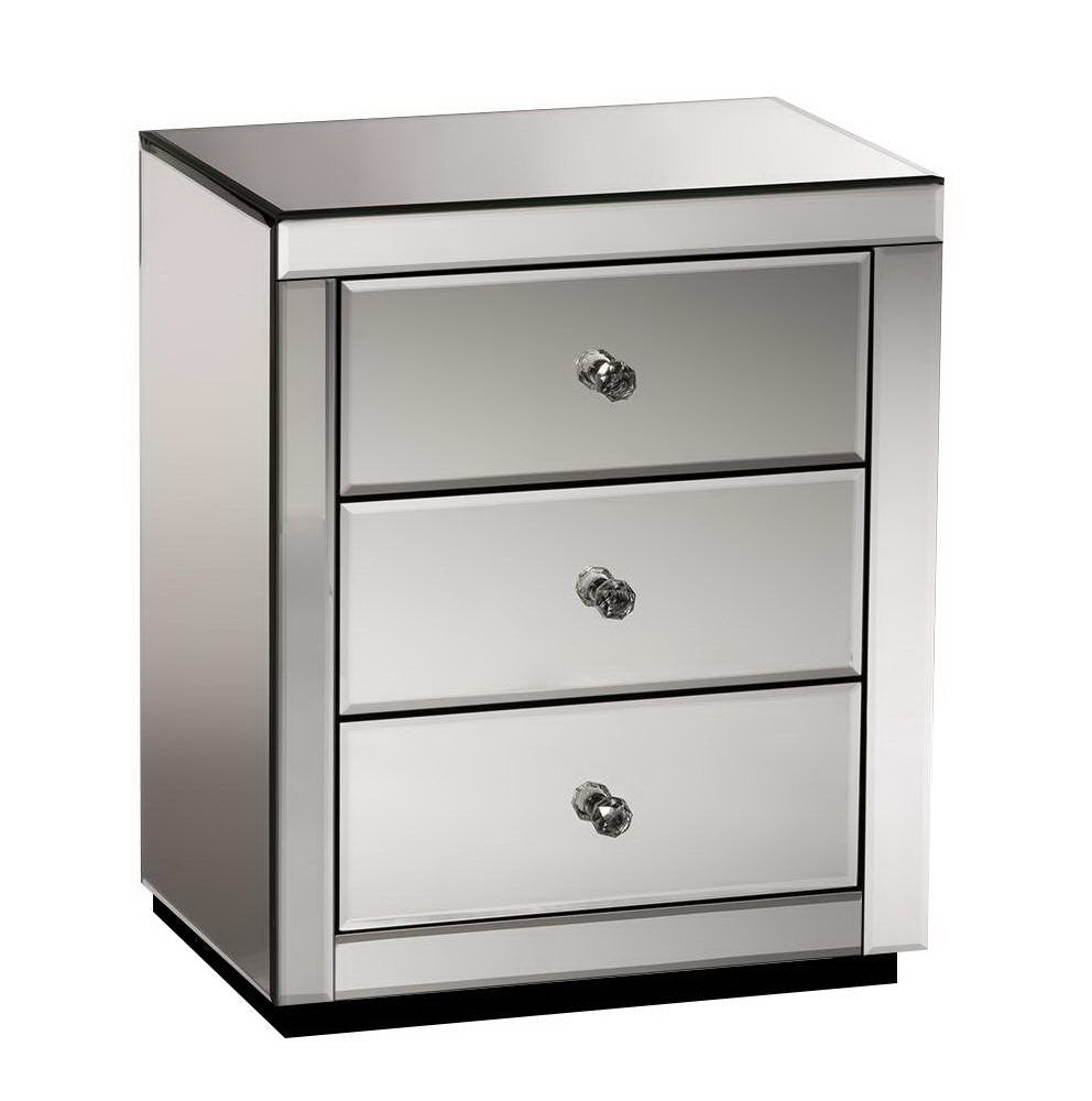 Bedside Table 3 Drawers Mirrored - PRESIA Grey