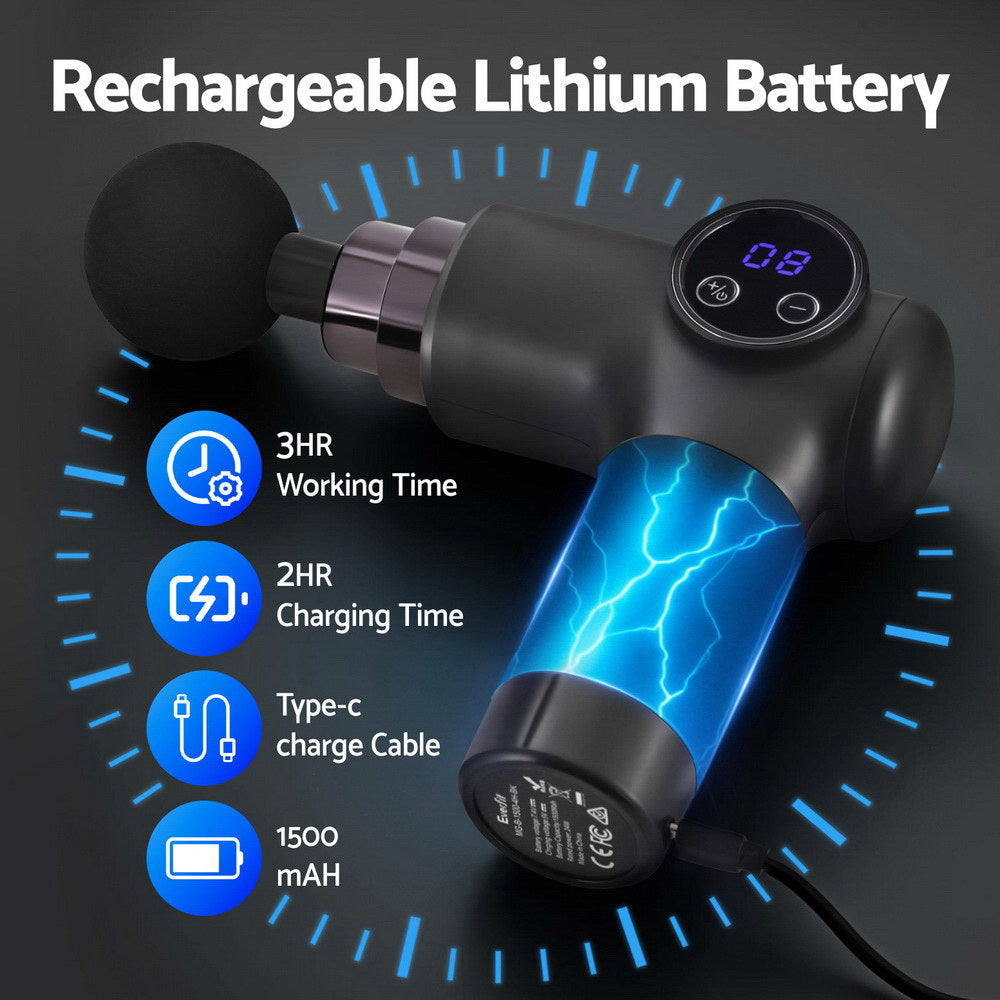 Everfit Massage Gun 8 Speed 4 Heads Vibration Muscle Massager Chargeable Black