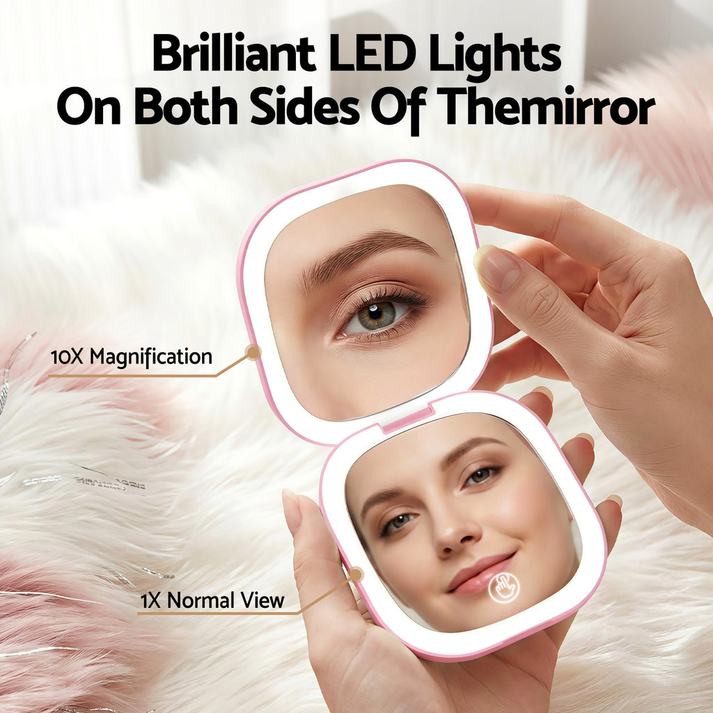 Embellir LED Compact Mirror Lighted Travel Makeup Mirror Pocket-Sized 1x 10x Magnification Square Pink