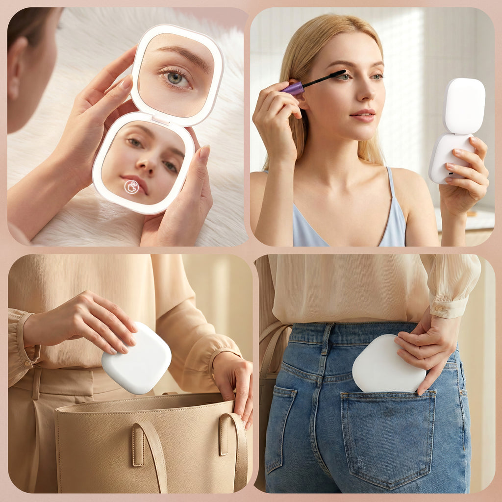 Embellir LED Compact Mirror Lighted Travel Makeup Mirror Pocket-Sized 1x 10x Magnification Square White