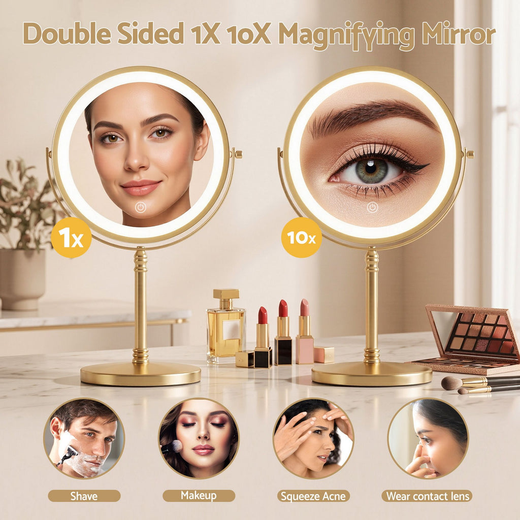 Embellir Lighted Makeup Mirror Rotation 10X Magnifying Double Sided Tabletop Gold