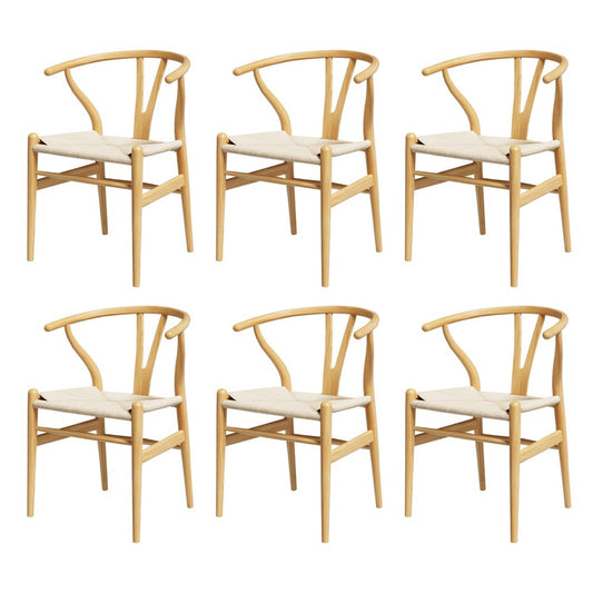 1 Set of 6 Dining Chairs Wooden Rattan Seat Wishbone Back