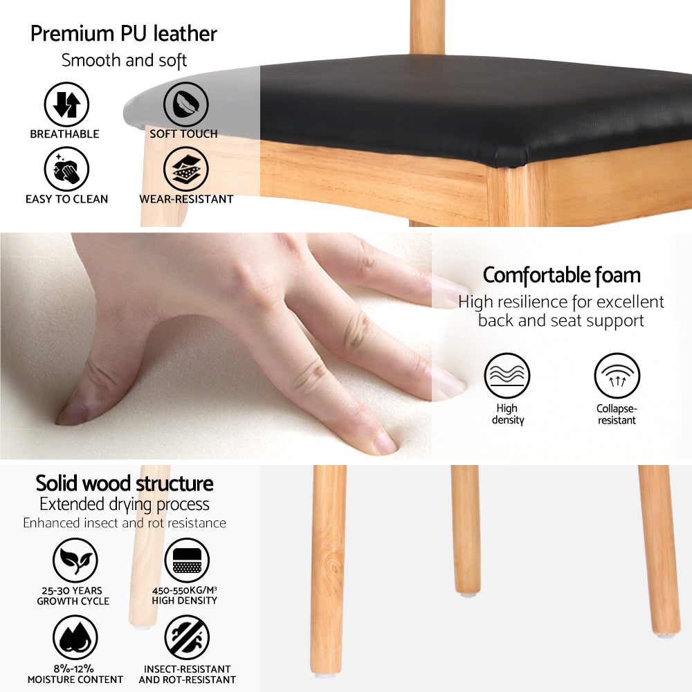 2x Dining Chairs Rubber Wood Leather Seat Black