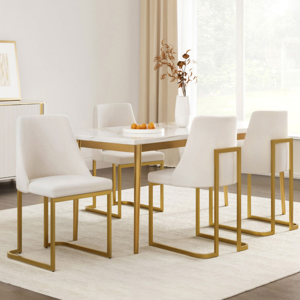 Dining Chairs Set of 4 Linen Fabric Frame Beige