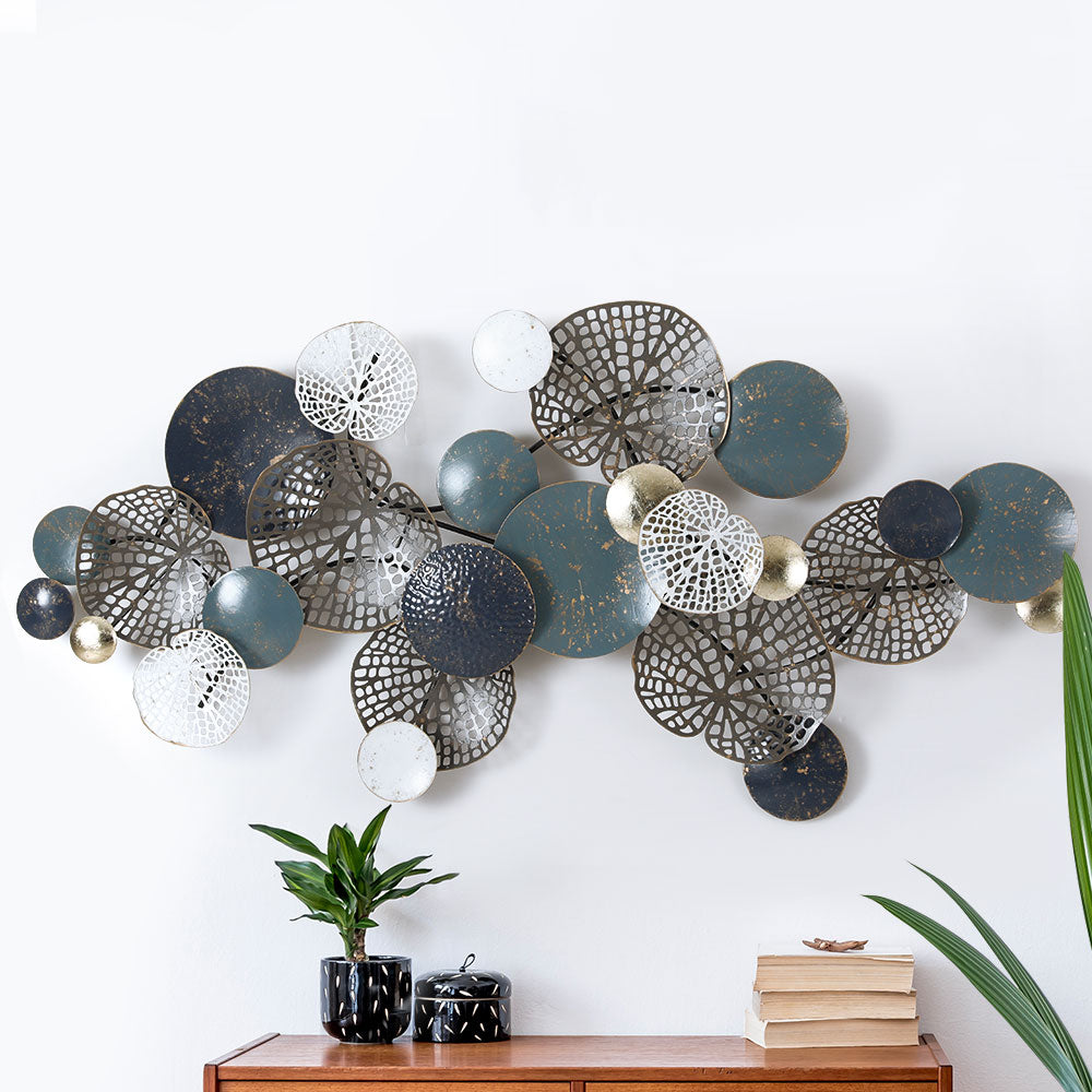 Metal Wall Art Hanging Sculpture 132cm Home Decor Leaf Circles Blue