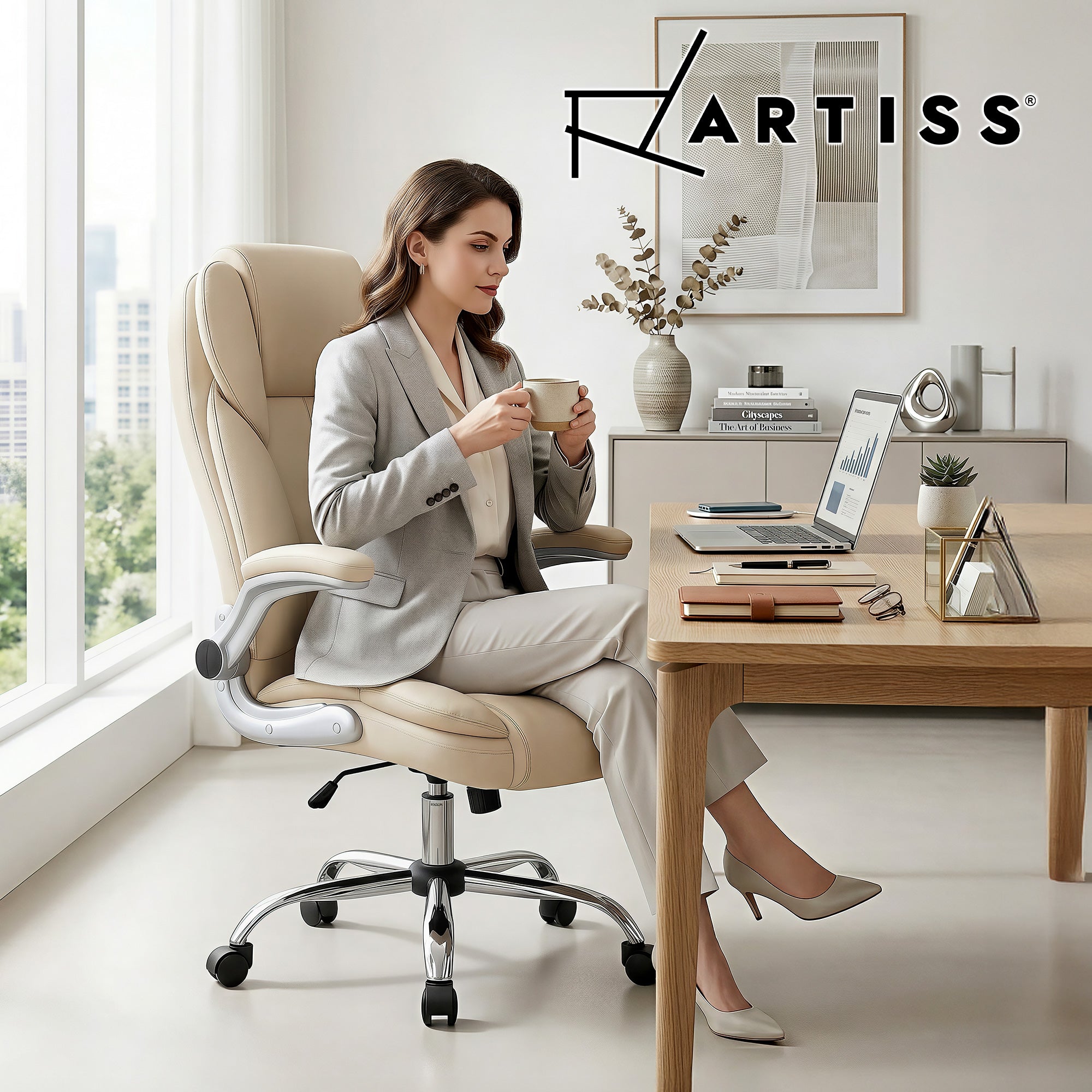 Artiss Executive Office Chair Leather Tilt Beige