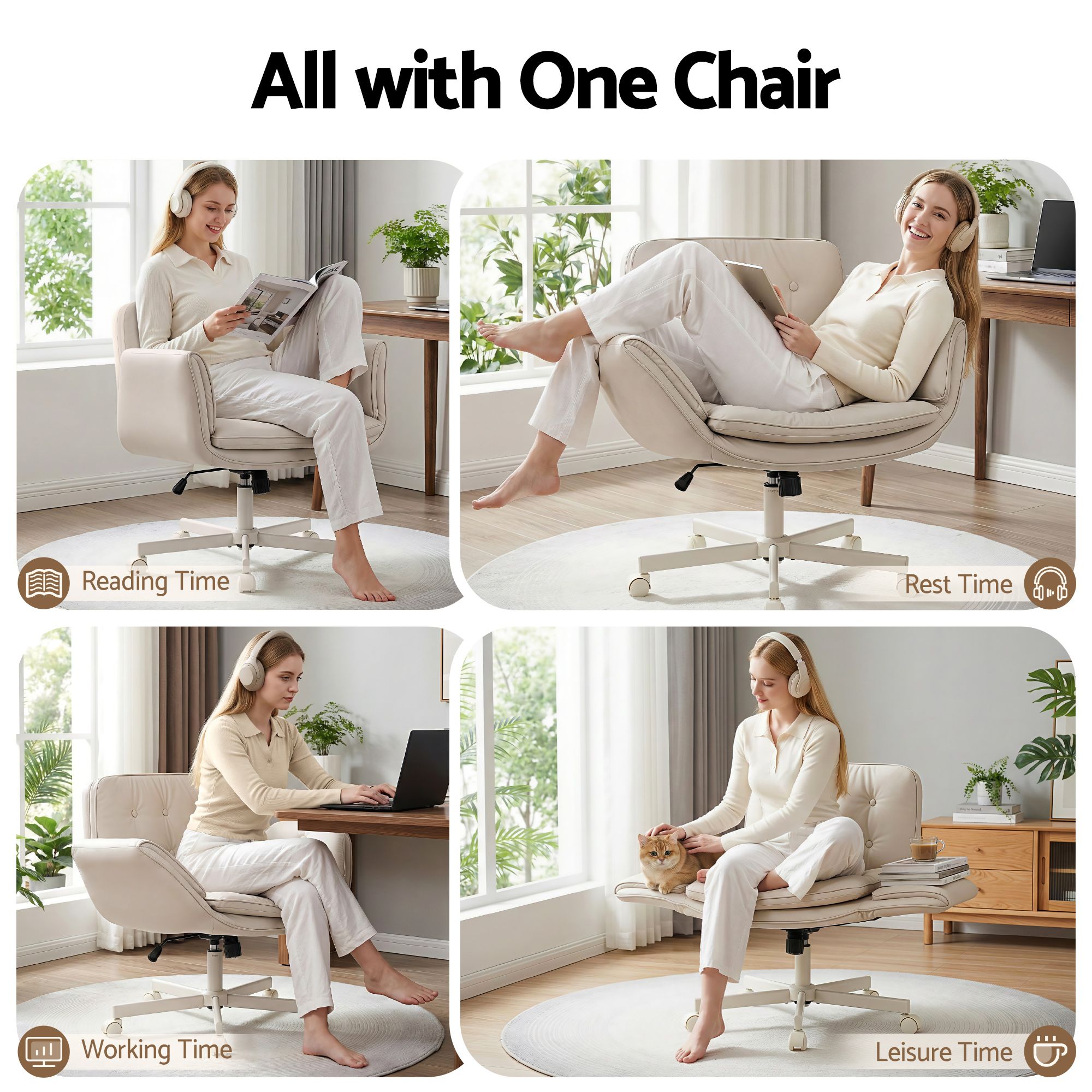 Artiss Criss Cross Chair with Wheels & Adjustable Armrests, Ergonomic Cross Legged Office Desk Chair PU Leather Vanity Chair Swivel for Home, Make Up, Bedroom, Computer, Beige