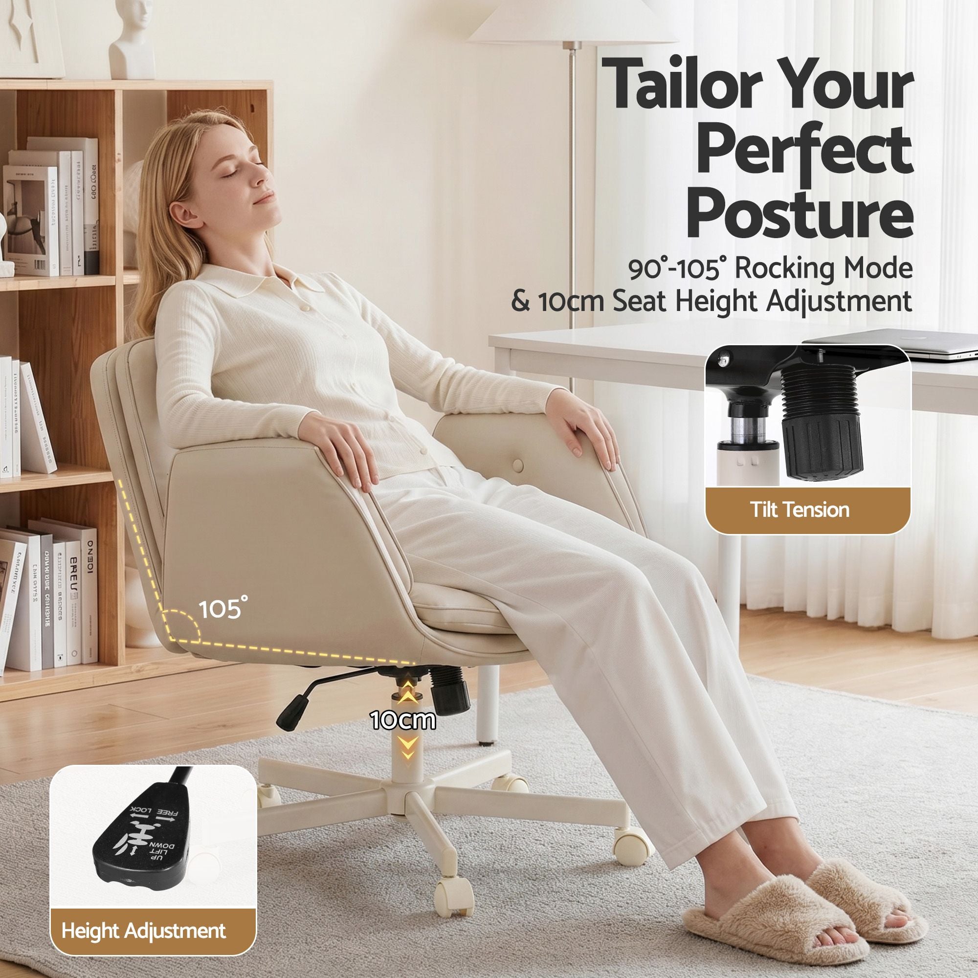 Artiss Criss Cross Chair with Wheels & Adjustable Armrests, Ergonomic Cross Legged Office Desk Chair PU Leather Vanity Chair Swivel for Home, Make Up, Bedroom, Computer, Beige