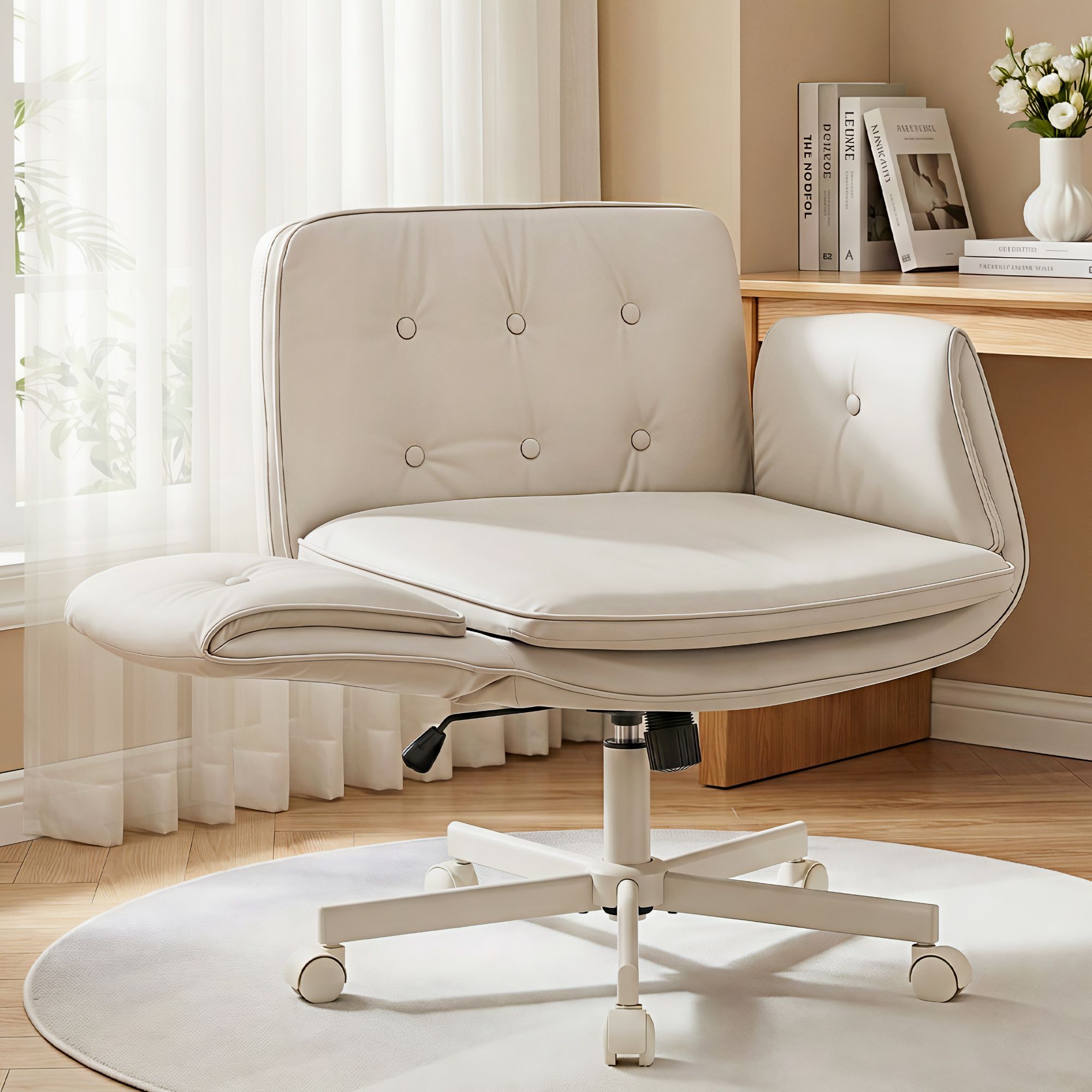 Artiss Criss Cross Chair with Wheels & Adjustable Armrests, Ergonomic Cross Legged Office Desk Chair PU Leather Vanity Chair Swivel for Home, Make Up, Bedroom, Computer, Beige