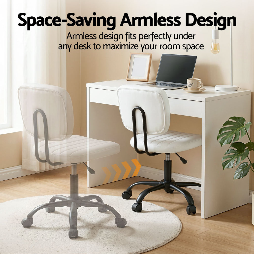 Artiss Armless Office Chair with Wheels, Ergonomic PU Leather Office Desk Chair, Height Adjustable 360° Swivel Computer Task Chair for Home Office, Study Room & Small Space, White