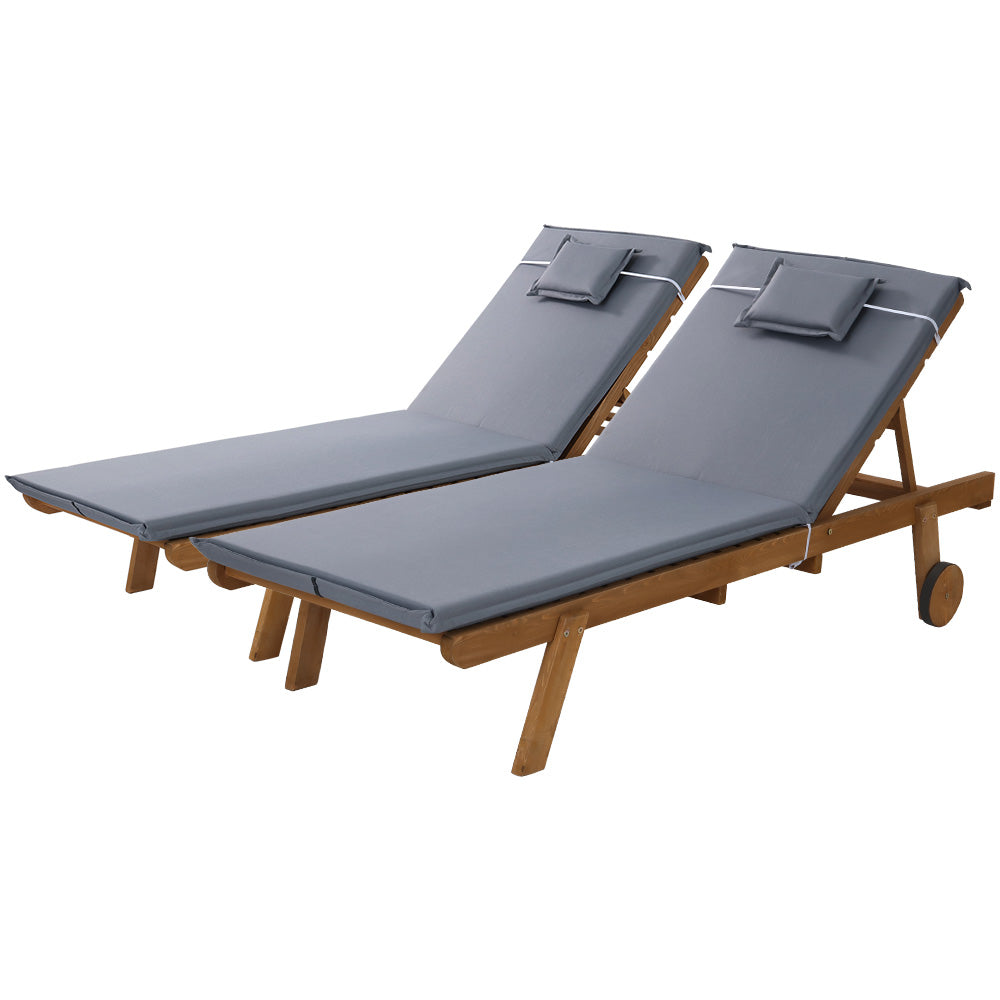 2x Sun Lounge Wooden Lounger Outdoor Furniture Day Bed Wheel Patio Grey