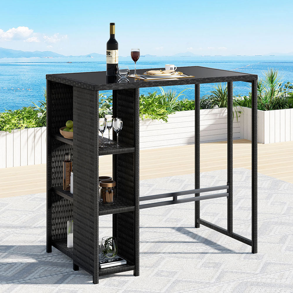 Outdoor Bar Table Wicker Dining Bistro Glass Desk Steel Patio Furniture Black