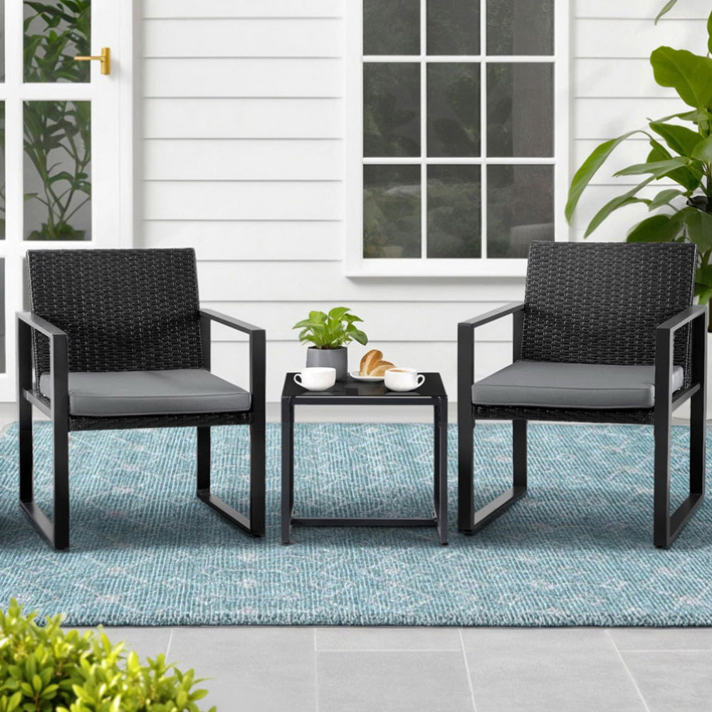 3PC Outdoor Bistro Set Patio Furniture Wicker Dining Chairs Table Cushion Black