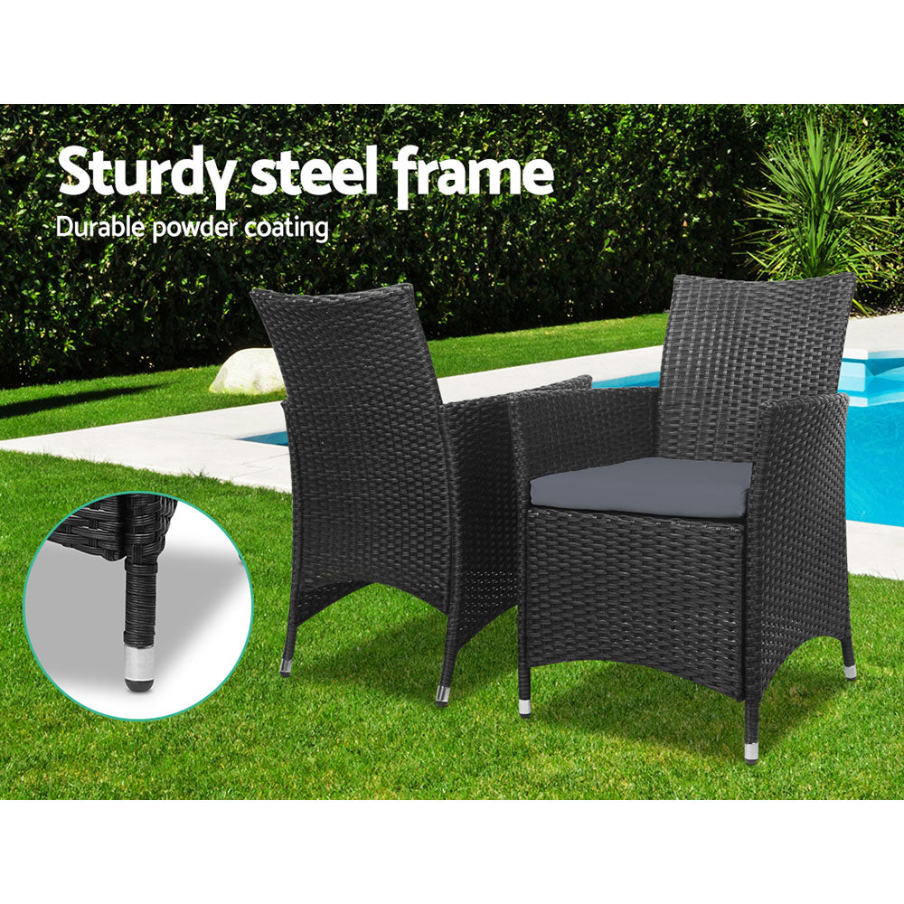 3PC Outdoor Bistro Set Patio Furniture Wicker Setting Chairs Table Cushion Black