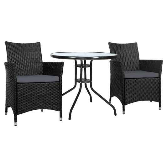 Gardeon 3PC Bistro Set Outdoor Furniture Rattan Table Chairs Cushion Patio Garden Idris
