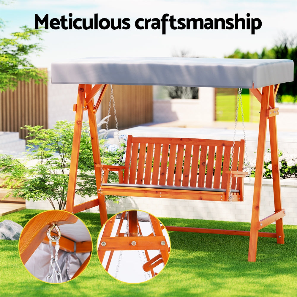 Outdoor Wooden Swing Chair Garden Bench Canopy Cushion 3 Seater Teak